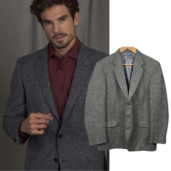 Magee Tweed Wool Blazer Sport Coat‎ 3Button Casual Gray Herringbone Jacket 44L - Picture 11 of 11
